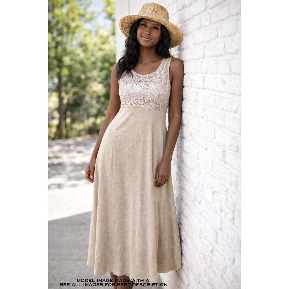 Vintage Linen Blend Maxi Dress 6 Crochet Tie back Minimalist Neutral Luxury